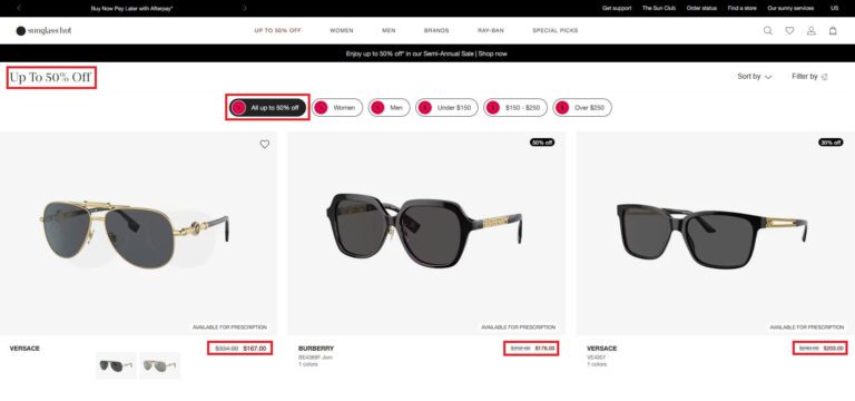 Percentage Based Discount on Sunglasses by Sunglass Hut