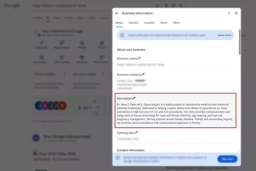 Patient-focused business description in Google Business Profile for hospitals