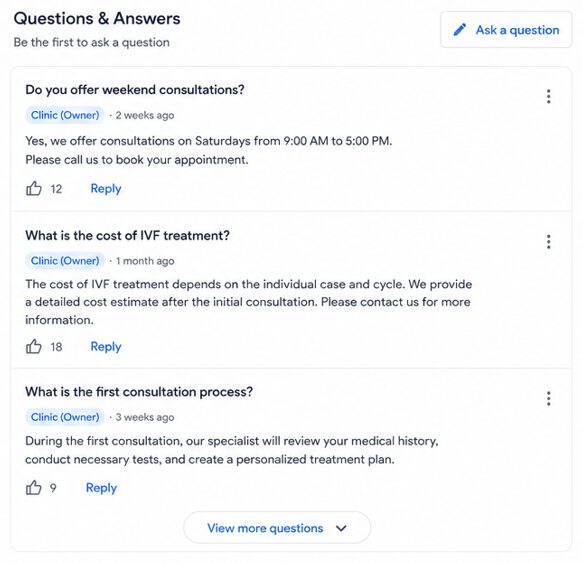 Google Business Profile Questions and Answers section for hospitals and clinics